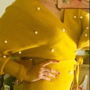 Pearl studded mustard yellow balloon sleeve dress